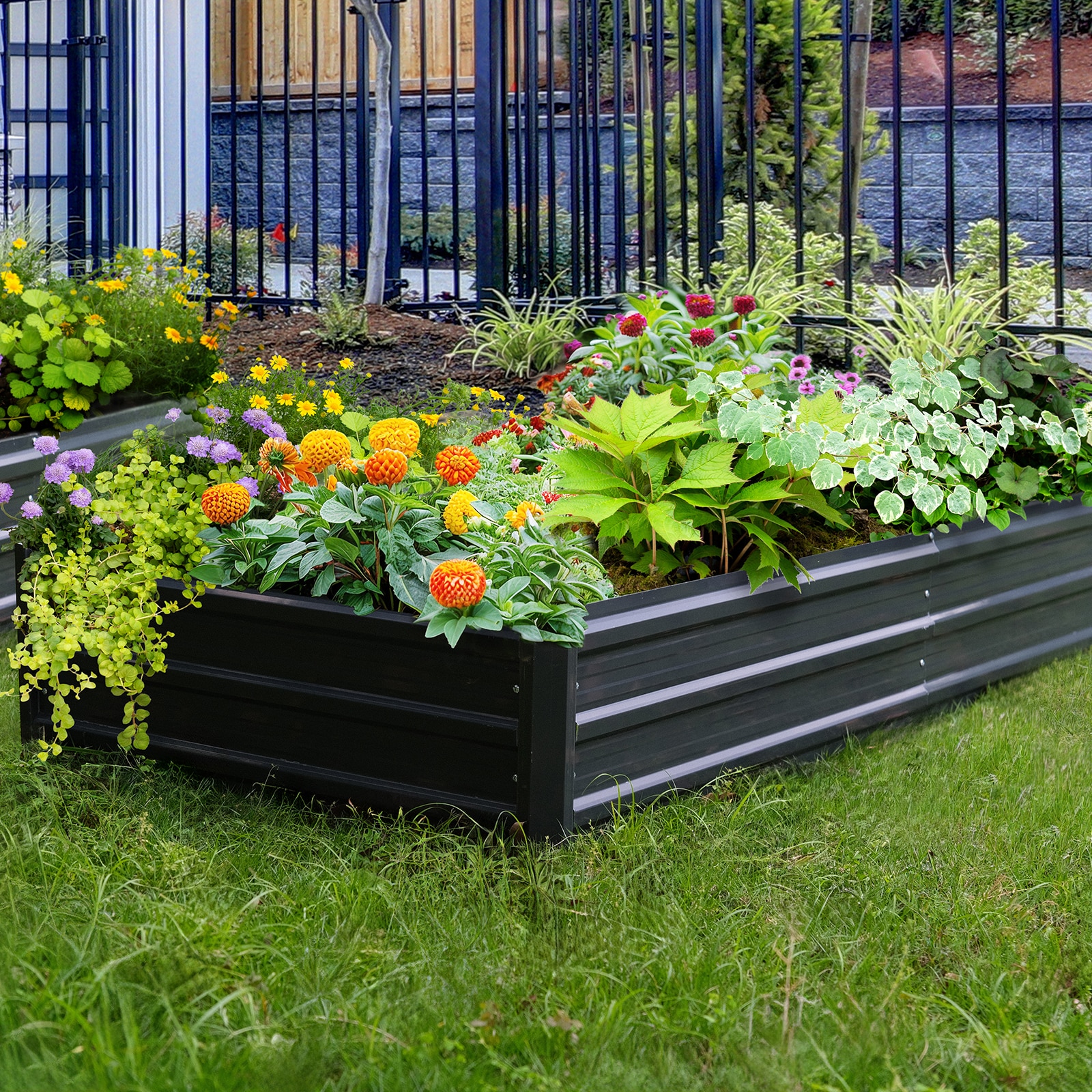 Set of modular raised garden beds made from durable material, ideal for backyard vegetable or herb gardening.