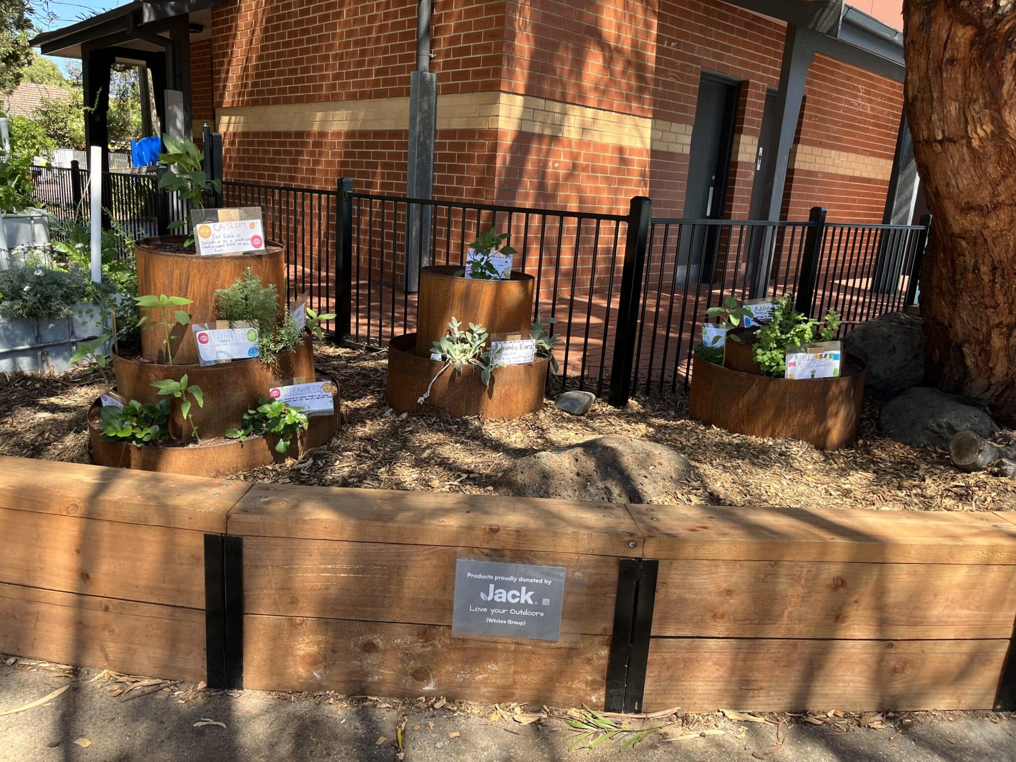 Students setting up a small herb garden in outdoor raised beds
