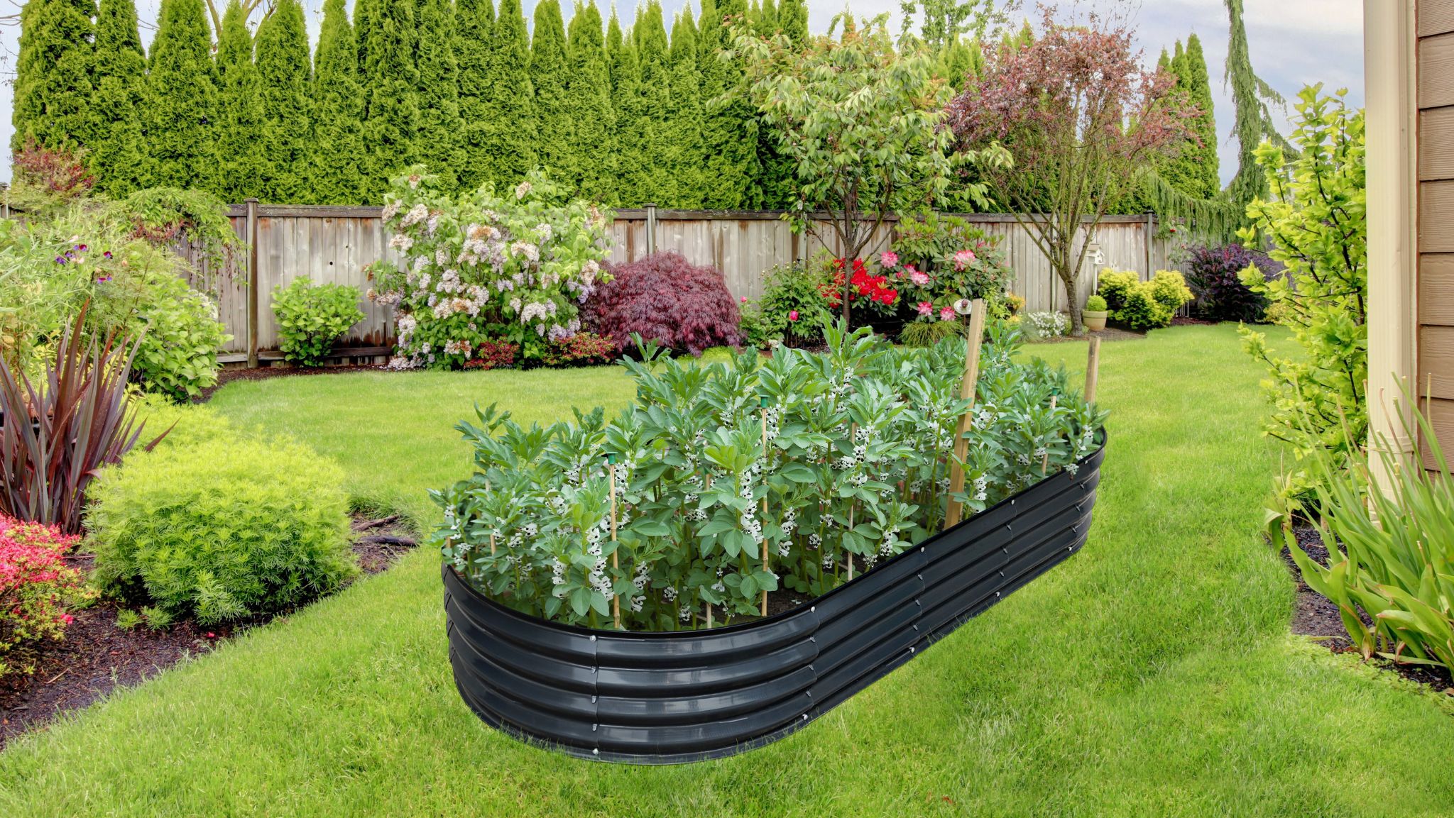 Beautiful garden with a raised garden bed